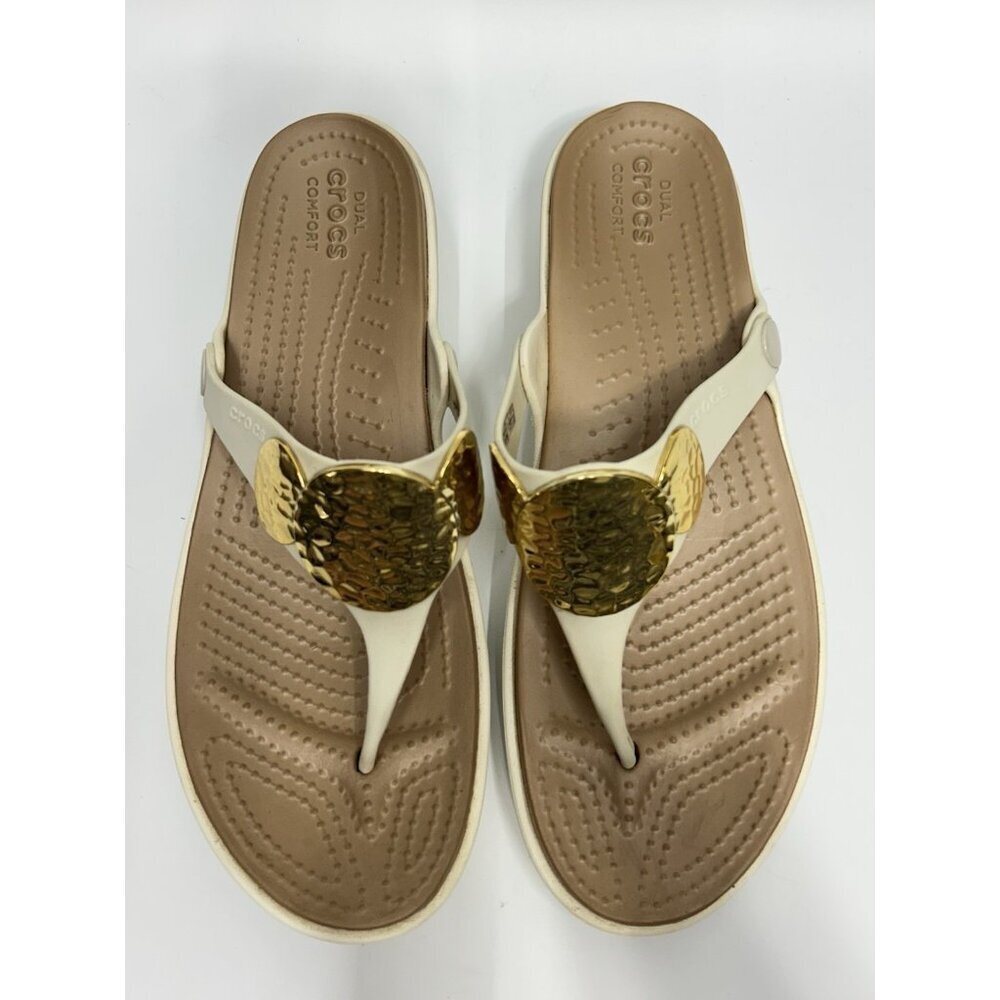 Crocs Sanrah Hammered Circle Gold Cream Wedge Thong Sandal Womens Size 11 - Picture 6 of 12